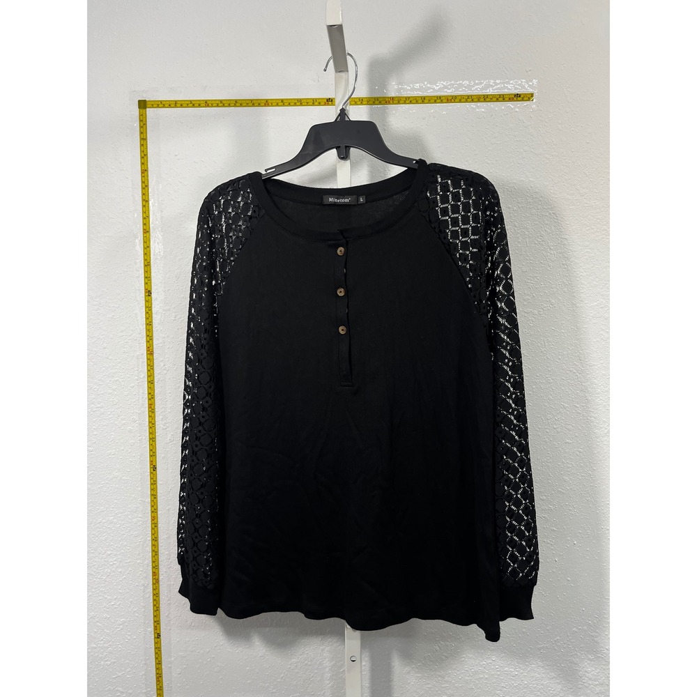Minetom Black Henley Top Crochet Lace Long Sleeve Raglan Blouse Womens Large